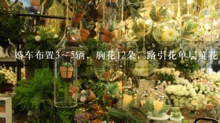 婚车布置3～5辆，胸花12朵，路引花单层鲜花10个，手腕花1个，头花1个，手绑花1个，主桌鲜花1个